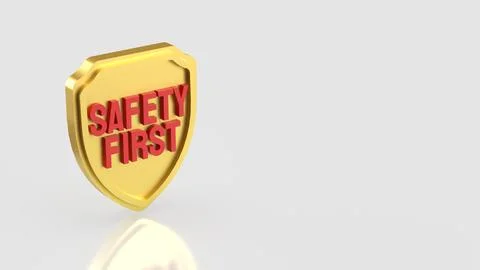 Golden Safety First Shield with Bold Red Text and Copy Space 3d render. Stock Illustration