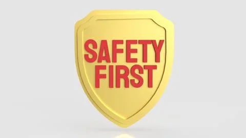 Golden Safety First Shield with Bold Red Text and Copy Space 3d render. Ilustração Stock