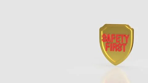 Golden Safety First Shield with Bold Red Text and Copy Space 3d render. Ilustração Stock