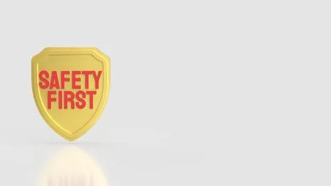 Golden Safety First Shield with Bold Red Text and Copy Space 3d render. Stock Illustration