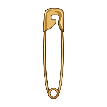 Golden safety pin standing vertically on white background Stock Illustration