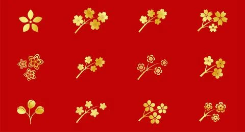 Golden sakura icon. Cherry, Peach, plum Blossom flower, luxury flower, petal. 库存插图