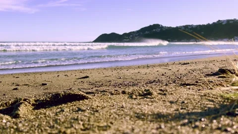 Golden Sand Beach from Low Angle with Waves coming in Stock Footage 169496971