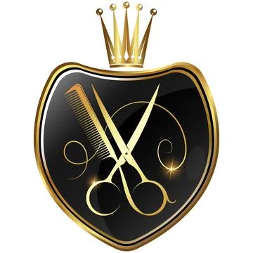 Golden scissors and comb on shield symbol for beauty salon Stock Illustration