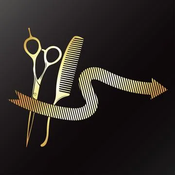 Golden scissors comb and arrow pointer, beauty salon symbol Stock Illustration