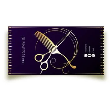 Golden scissors comb and curls of hair. Beauty salon business card Stock Illustration
