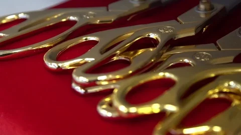 Golden Scissors On Red Pillow Stock Footage 72102229