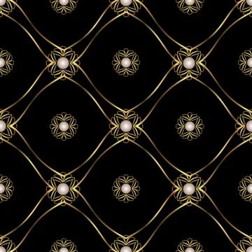 Golden seamless 3d pattern. Gold decorative elements with pearls Ilustración de archivo