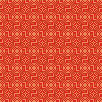 Golden seamless Chinese window tracery polygon flower pattern background. Illustrazione stock
