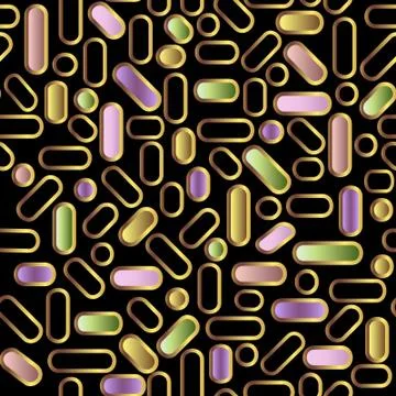 Golden seamless geometric pattern on a black background. Multi-colored eleme Ilustración de archivo