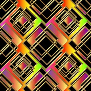 Golden seamless geometric pattern. Multi-colored squares, figures and golden Ilustración de archivo