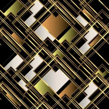 Golden seamless geometric pattern. Multi-colored squares, lines and shapes Ilustración de archivo