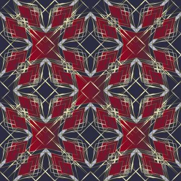 Golden, seamless geometric pattern. Red rhombuses, golden lines and squares Ilustración de archivo