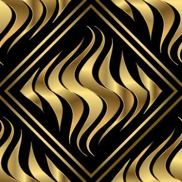 Golden, seamless geometric pattern in squares on a black background. Ilustración de archivo