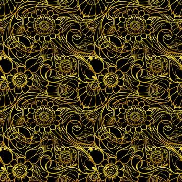 Golden seamless pattern on a black background, floral repeating pattern, or.. Stock Illustration