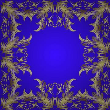 Golden seamless pattern on blue, yellow and neutral colors with golden elements. Stock Illustration