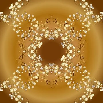 Golden seamless pattern on brown and yellow colors with golden elements. Vector Иллюстрация