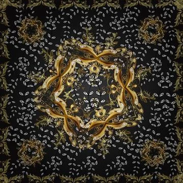 Golden seamless pattern on brown, black and gray colors with golden floral eleme イラスト素材