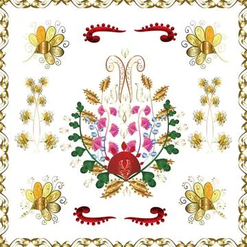 Golden seamless pattern on brown, white and yellow colors with golden elements. Stock Illustration