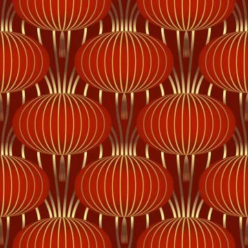 Golden, seamless pattern with chinese red lanterns, gold  seamless wallpaper Ilustración de archivo