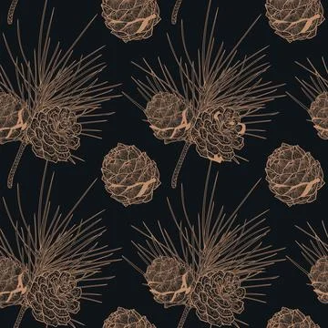 Golden Seamless Pattern of Christmas Cedar Stock Illustration