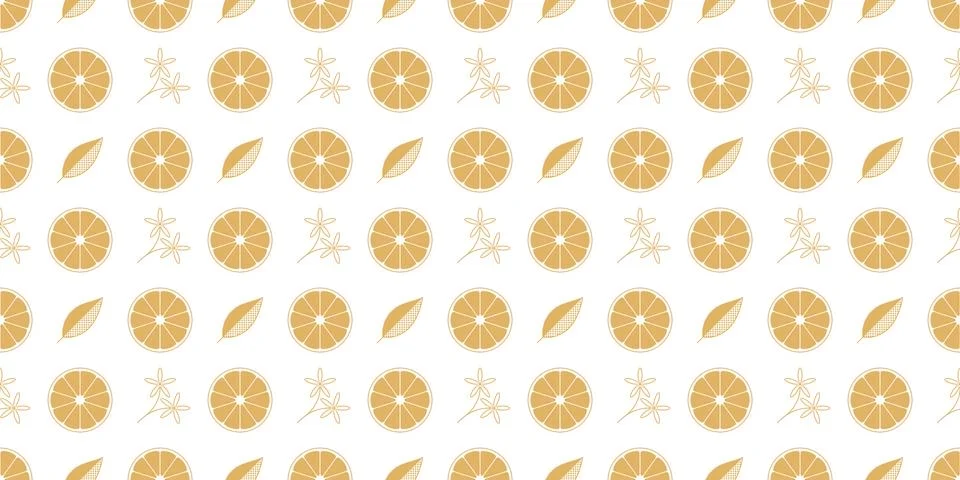 Golden seamless pattern with orange fruit slice, flower and leaf. Gold textur Stock Illustration