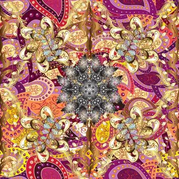 Golden seamless pattern on purple, brown and yellow colors with golden floral el Stock Illustration