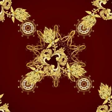 Golden seamless pattern on red and brown colors with golden floral elements. Gol Ilustração Stock