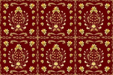 Golden seamless pattern on red, brown and yellow colors with golden elements. Ra Stock Illustration