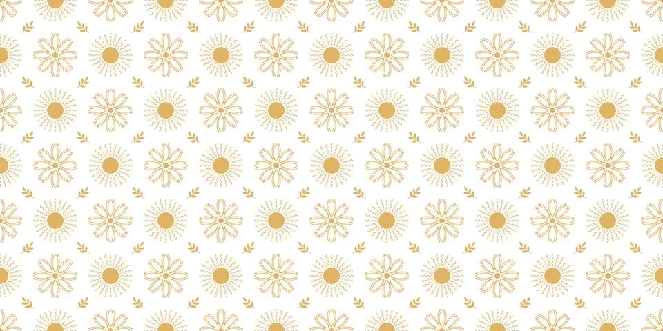 Golden seamless pattern with sun, geometric flower and leaf branch. Gold text Stock Illustration