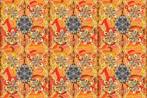 Golden seamless pattern on yellow, beige and red colors with golden elements. Ch 스톡 일러스트