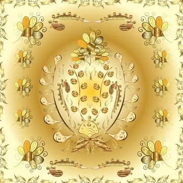 Golden seamless pattern on yellow, neutral and beige colors with golden elements Stock Illustration