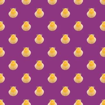 Golden seashell seamless pattern isolated on purple background Stock Illustration