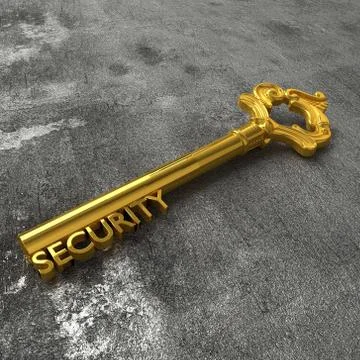 Golden security key on black stone table Stock Illustration