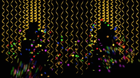 Golden serpentine and colorful confetti Stock Footage