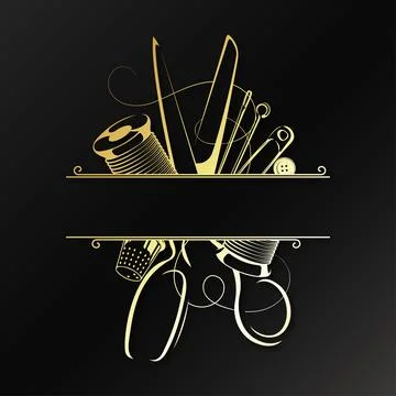 Golden sewing scissors, needle with nick, thimble symbol for seamstress and.. Stock Illustration
