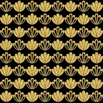 Golden shell on dark background sparkling shiny sea shell seamless pattern 库存插图