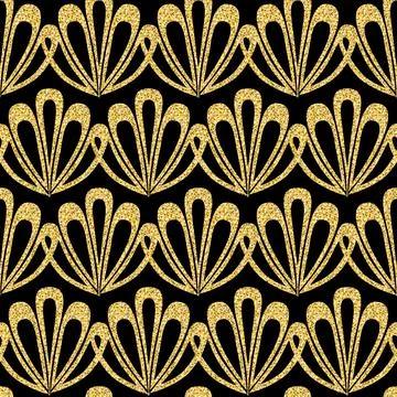 Golden shell on dark background sparkling shiny sea shell seamless pattern Stock Illustration