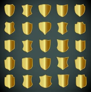 Golden shield design set with various shapes. Stock Illustration