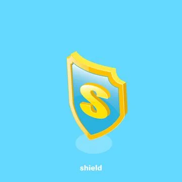 Golden shield with a letter on a blue background, isometric image Stock Illustration