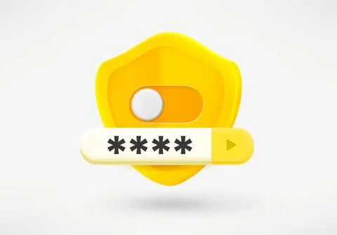 Golden shield with on off selector. Authorization concept. 3d vector illust.. Stock-Illustration