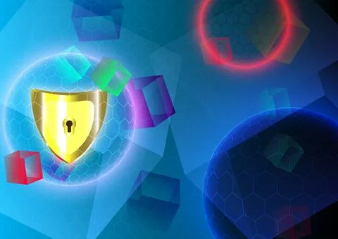 Golden shield. sphere and cube. Protect and scurity of technology safe concep イラスト素材