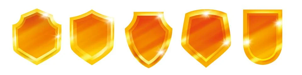 Golden shield vector icon set, security emblem 3D kit, game UI trophy badge Stock Illustration