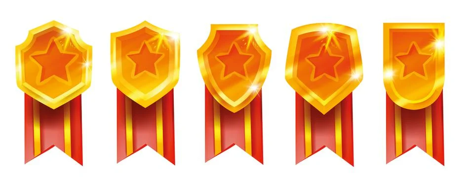 Golden shield vector icon set, UI game victory badge, 3D winner award kit Stock Illustration