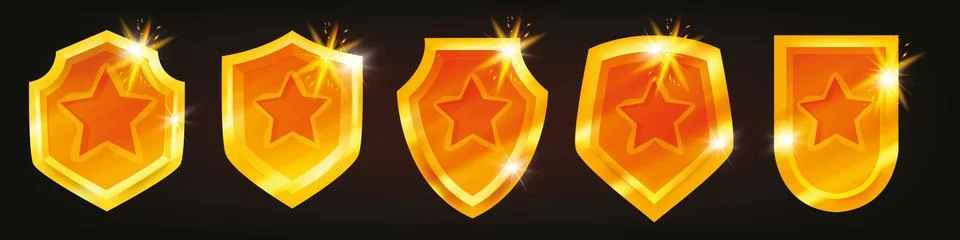 Golden shield vector icon set, game UI trophy badge, metal award Stock Illustration
