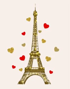 Golden shining Eiffel Tower and hearts Stock Illustration