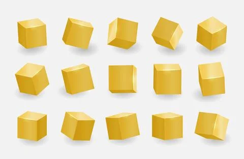 Golden shiny 3D render style cubes pack isolated on white background. Different Stock Illustration