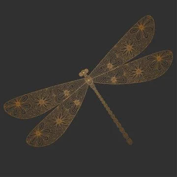 Golden silhouette of a dragonfly on a gray background.Vector illustration. Stock Illustration