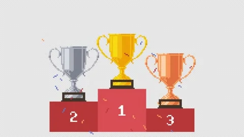 Golden, silver and bronze trophy cups on a podium pixel animation Stock Footage 189226859