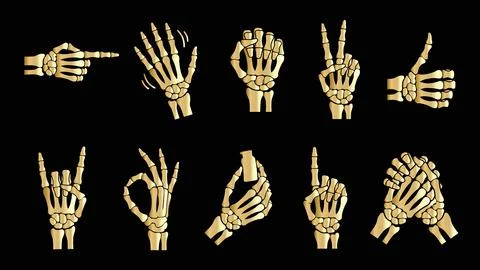 Golden skeleton hand gestures pack on black background for luxury gothic de.. Stock Illustration